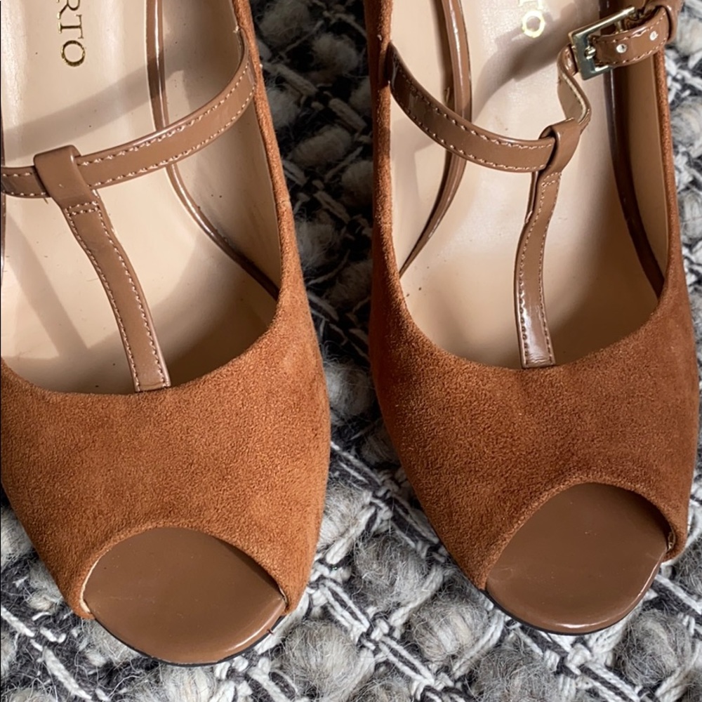 Suede Mary Jane style peep toe in tan